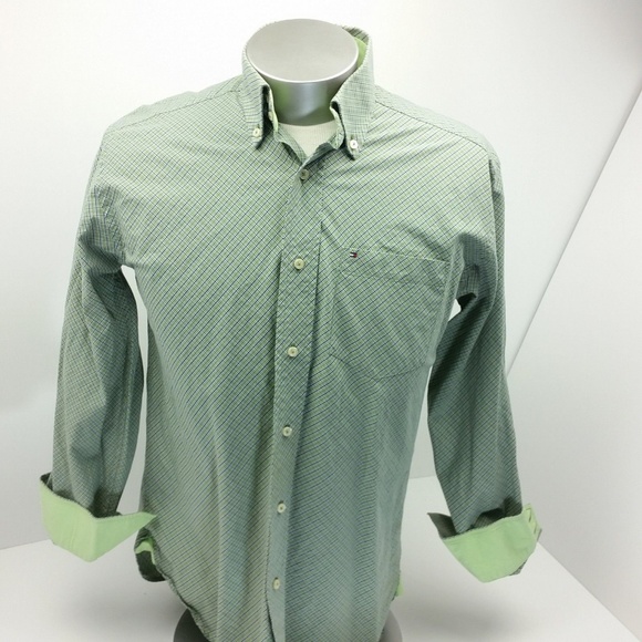 Tommy Hilfiger Plaid Shirt Green 80s 2 Ply Preppy - Picture 2 of 7
